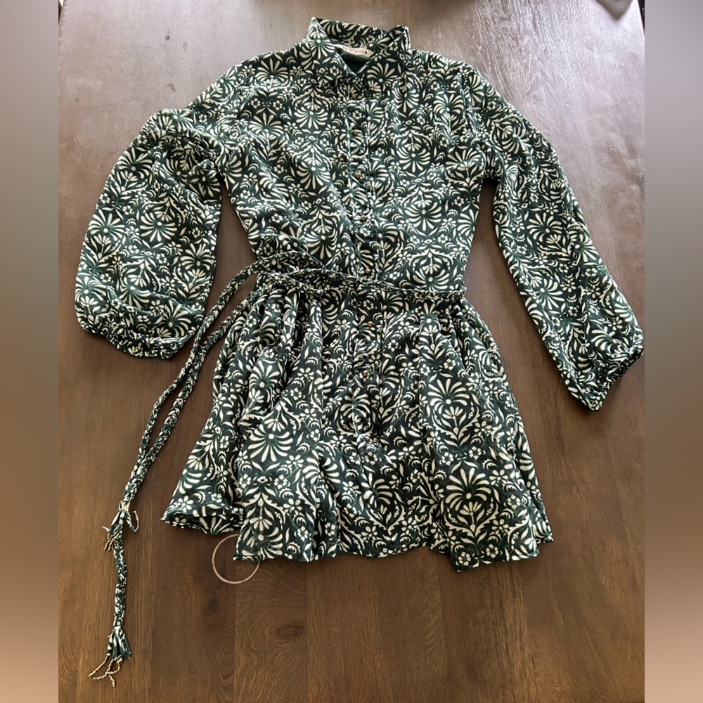 Zara green floral belted long sleeve mini dress maroon full skirt - Picture 6 of 13